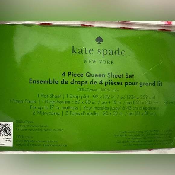 Kate Spade Pink and Red Heart 100% Cotton Sheet Set in Queen Size - Picture 4 of 4